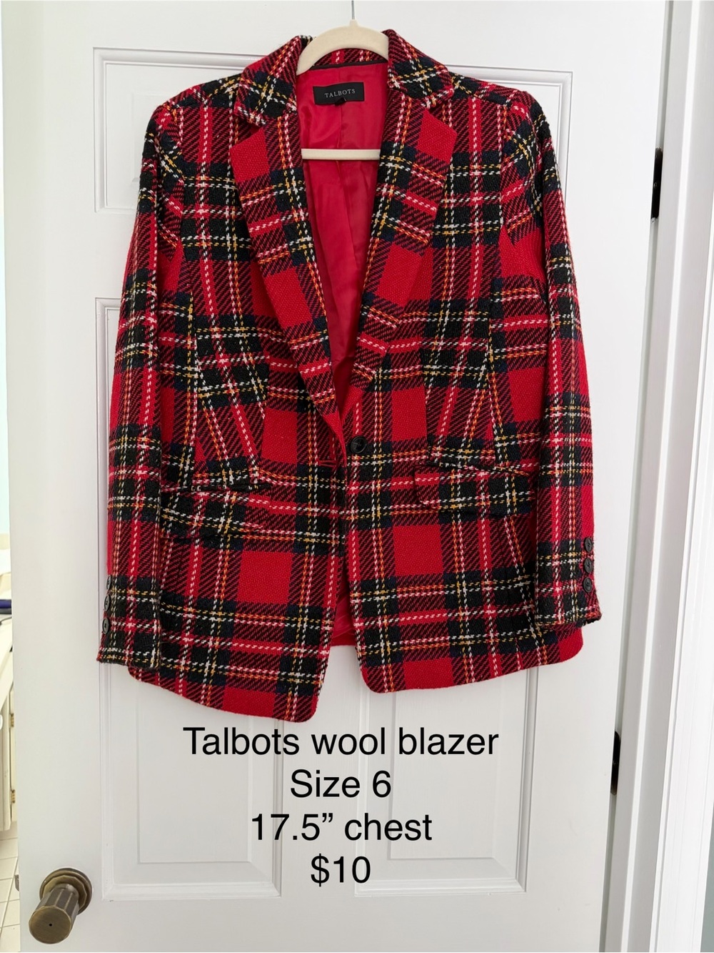 Talbots Red and Black Plaid Wool Blazer